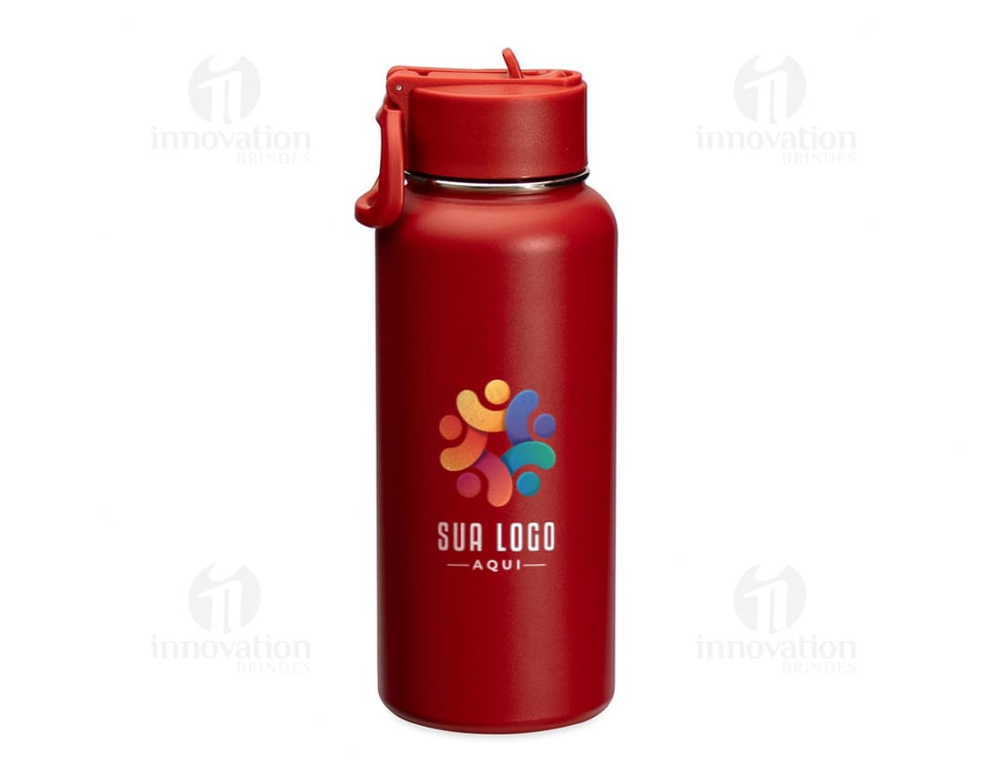 Garrafa térmica de metal e plástico, transparente, vazia e brilhante. Ideal para manter líquidos quentes ou frios por mais tempo.