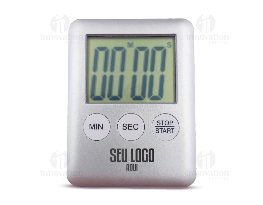 Cronômetro Timer de cor preta sobre fundo branco, mostrando os números em destaque.