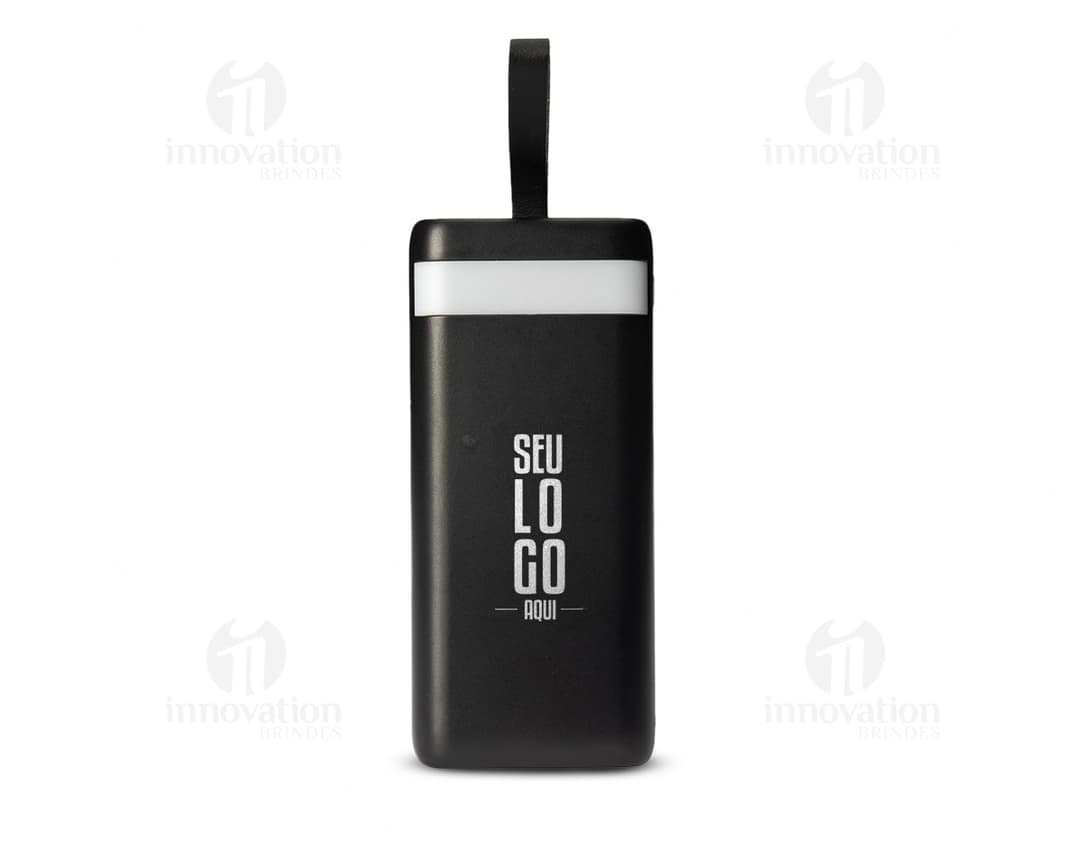 Power Bank de 20 mil mAh com lanterna e cabos.