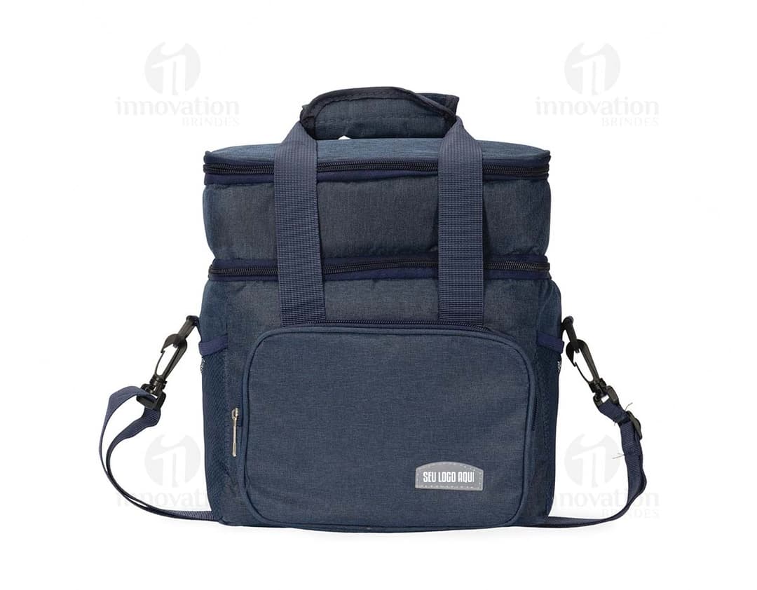 Bolsa Térmica de 10 litros em cor azul, com alça ajustável e zíper na parte superior.