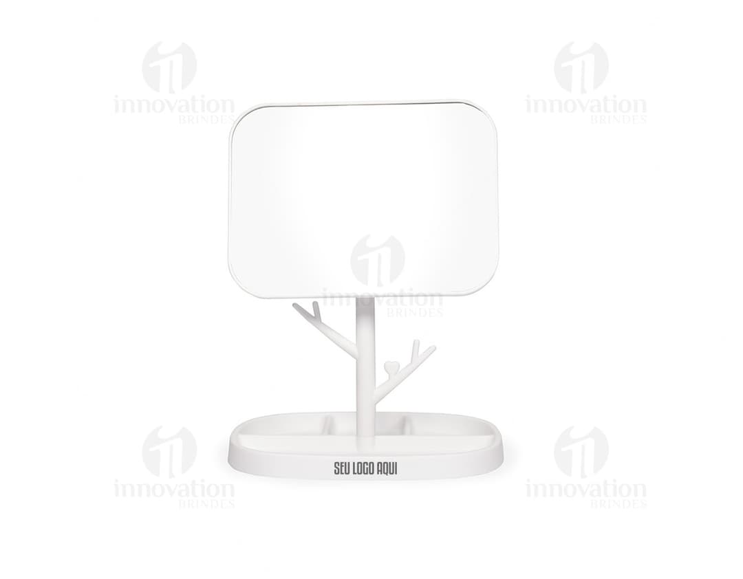 Espelho de Mesa Plástico branco com base de plástico e tamanho médio.