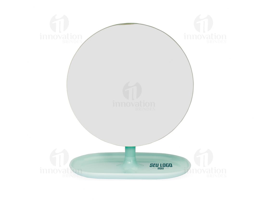 Espelho de Mesa Plástico com acabamento brilhante e base em plástico resistente.