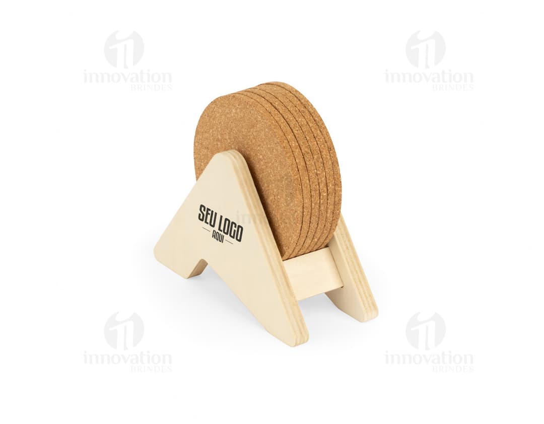 PLYCORK Porta copos em contraplacado com 6 bases para copos em cortiça