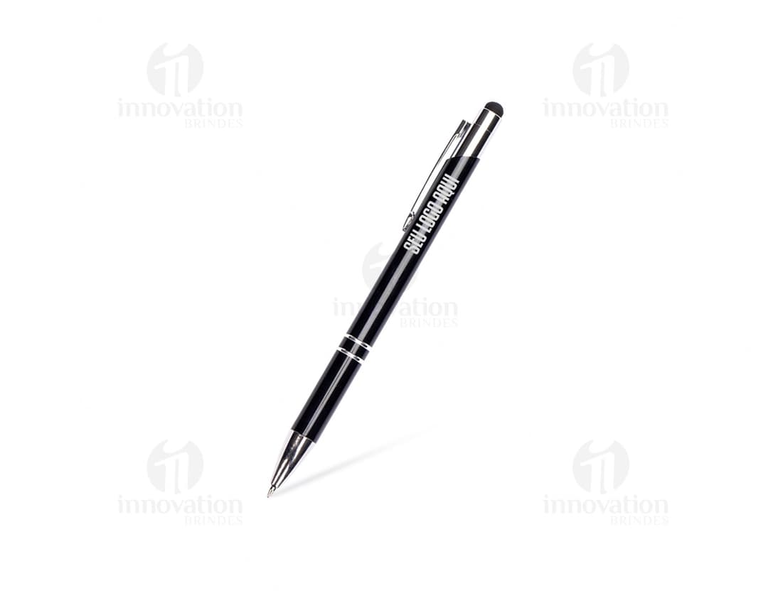 Caneta metal touch em cor prata com detalhes em preto e ponta touch screen.