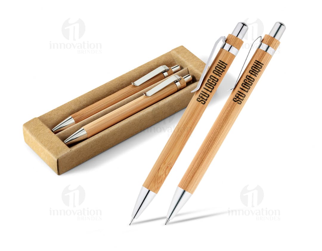 Conjunto de esferográfica com escrita em azul e lapiseira em bambu