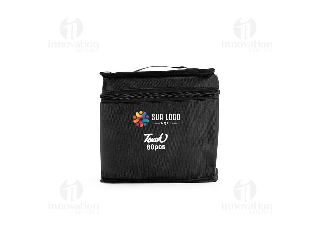 Kit Canetas Marcadoras 80 Cores em diversas tonalidades, organizadas em um estojo transparente.