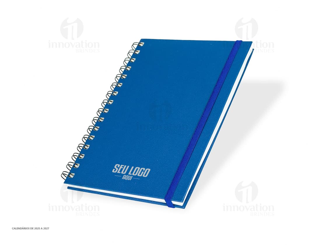 Imagem de um planner cromato anual, com capa em tons de azul e rosa, contendo páginas de agenda e planejamento para o ano.