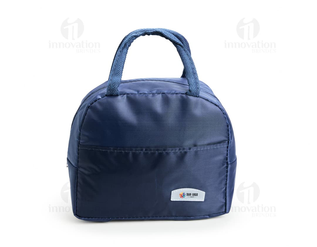 Bolsa térmica de 5 litros, na cor azul marinho, com alça e fecho lateral.