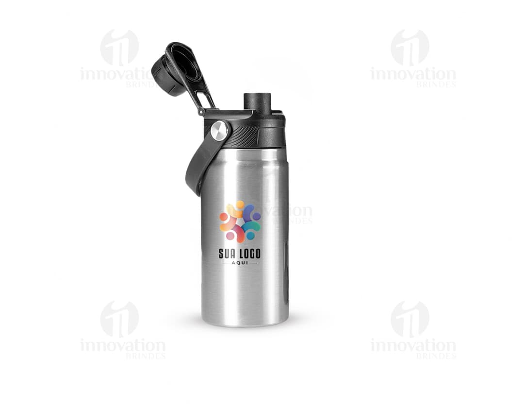 Garrafa térmica de 400ml na cor preta, com design moderno e tampa de rosca.