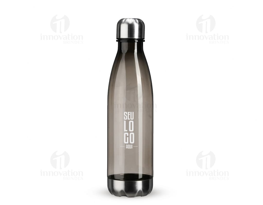 Garrafa plástica de 750ml transparente, vazia e com tampa amarela.