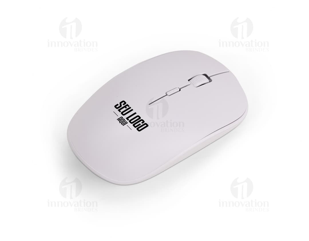 Mouse sem fio em tom de prata, com design moderno e compacto. Possui rodas de rolagem, botões de clique e conexão wireless. Reflete os conceitos de tecnologia, eletrônicos e negócios.