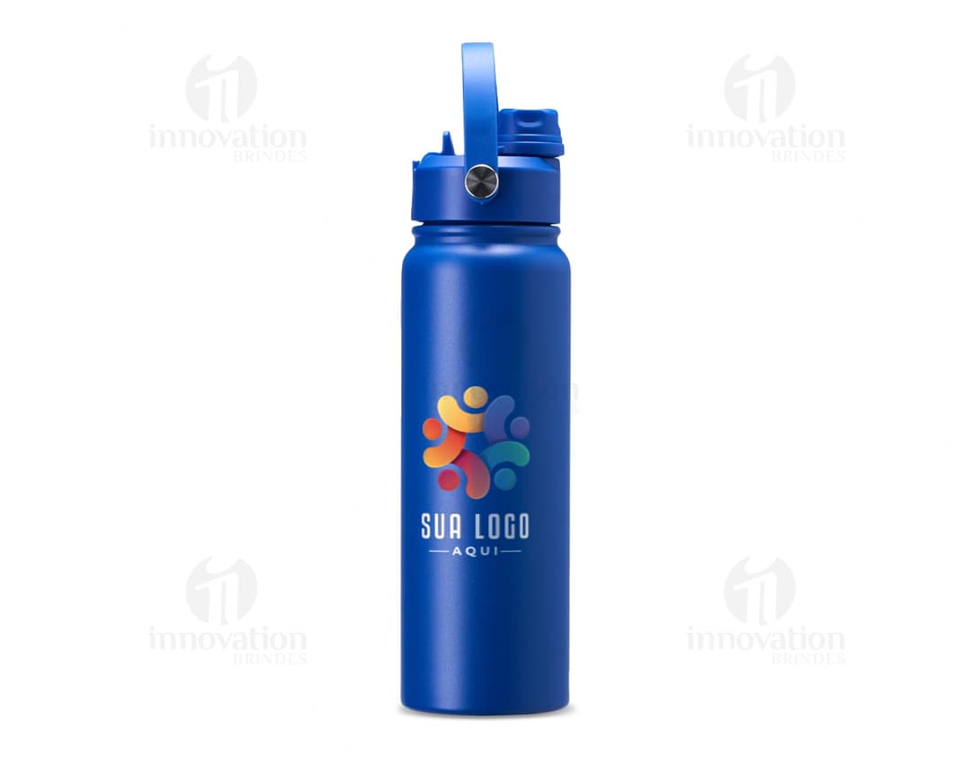 Garrafa térmica de 800ml em metal prateado, com tampa e design clean. Perfeita para manter a temperatura da bebida, seja água pura ou um líquido saudável. Objeto transparente e brilhante, ideal para uso durante atividades esportivas, mantendo a hidratação e a saúde em dia.