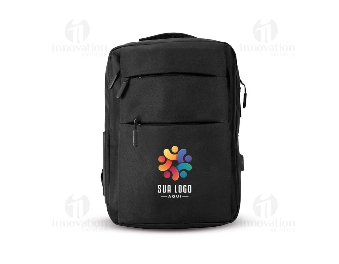 Mochila de nylon preta 14L com alça de couro, bolso com zíper e estilo moderno. Ideal para viagens de negócios ou passeios.