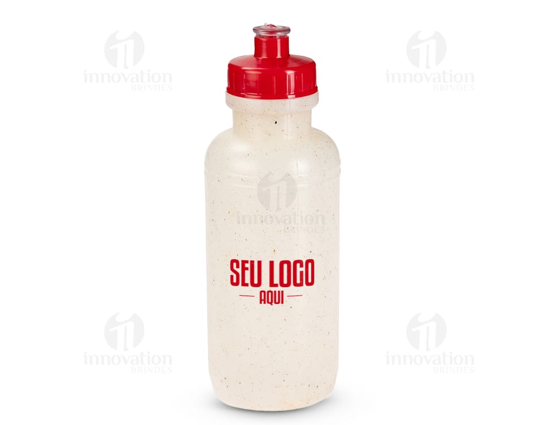 Garrafa de plástico transparente com tampa e bico, contendo líquido. Produto Squeeze Ecológico 500ml.