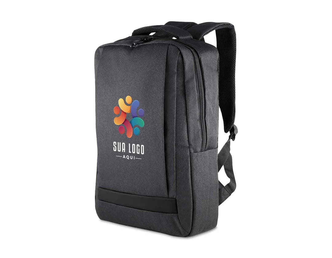 Mochila para notebook em Poliéster 300D preta, com alça de couro, zíper, estilo business, moderno e elegante para viagens e uso no escritório.