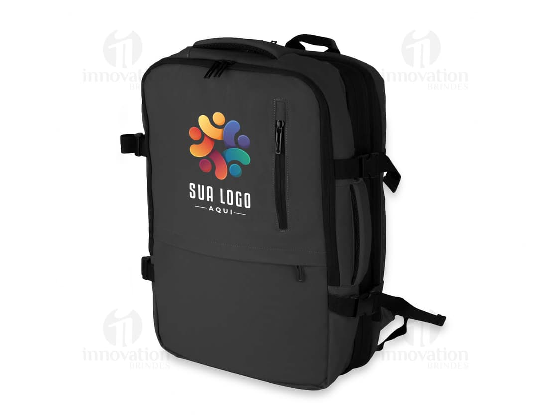 Mochila para notebook moderna em couro preto com compartimento especial para laptop, alça de mão, zíper, bolsos internos, design profissional e elegante. Ideal para viagens de negócios e uso no escritório.