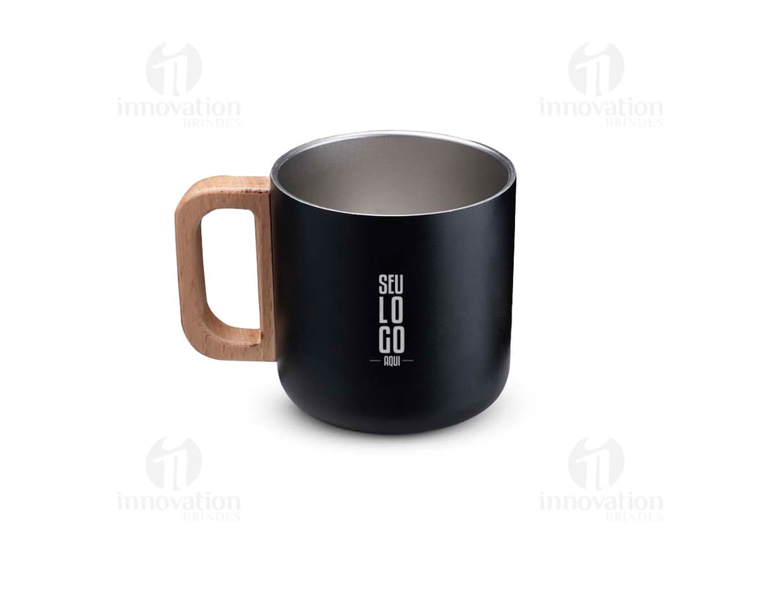 Caneca térmica com alça em madeira