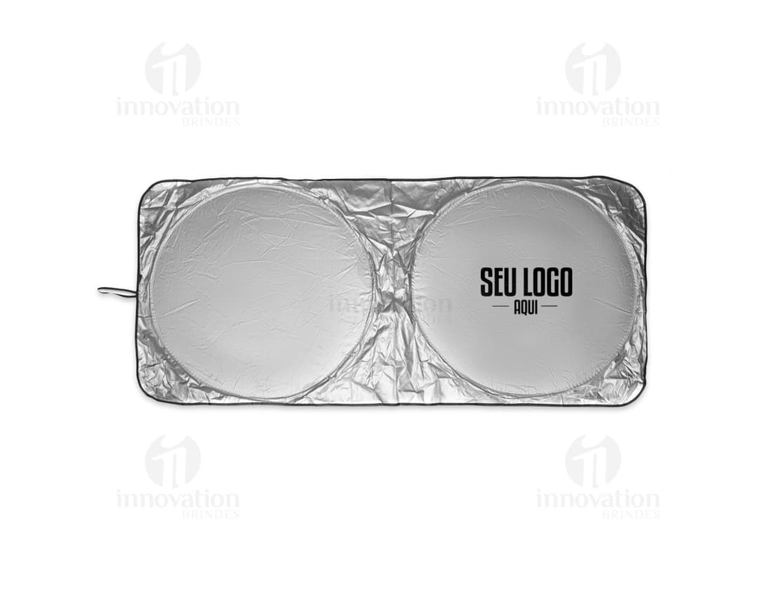 Protetor solar de para-brisa preto e brilhante, com design moderno e tecnologia de proteção UV. Equipamento de proteção para veículos, com reflexão de luz e conexão fácil por meio de cabos. Item indispensável para manter o interior do carro protegido dos raios solares.