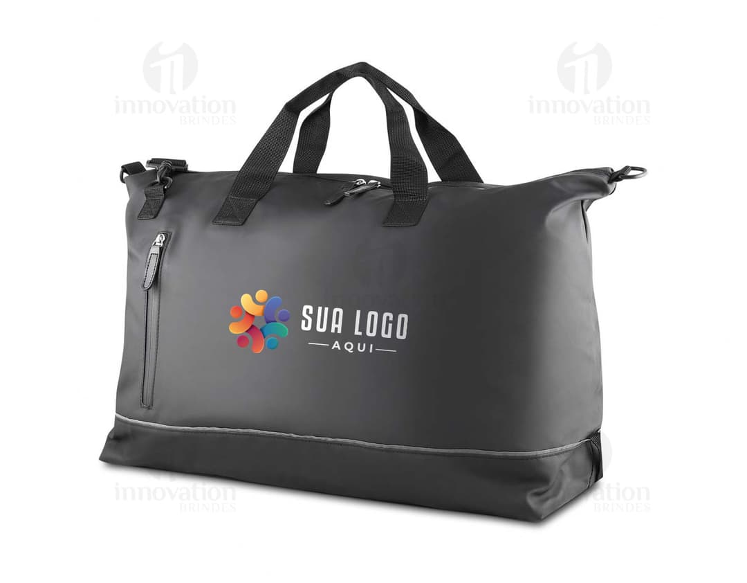 Mala esportiva em PU preta com fecho de zíper, alça de couro, design moderno e elegante. Ideal para viagens, negócios ou uso pessoal.