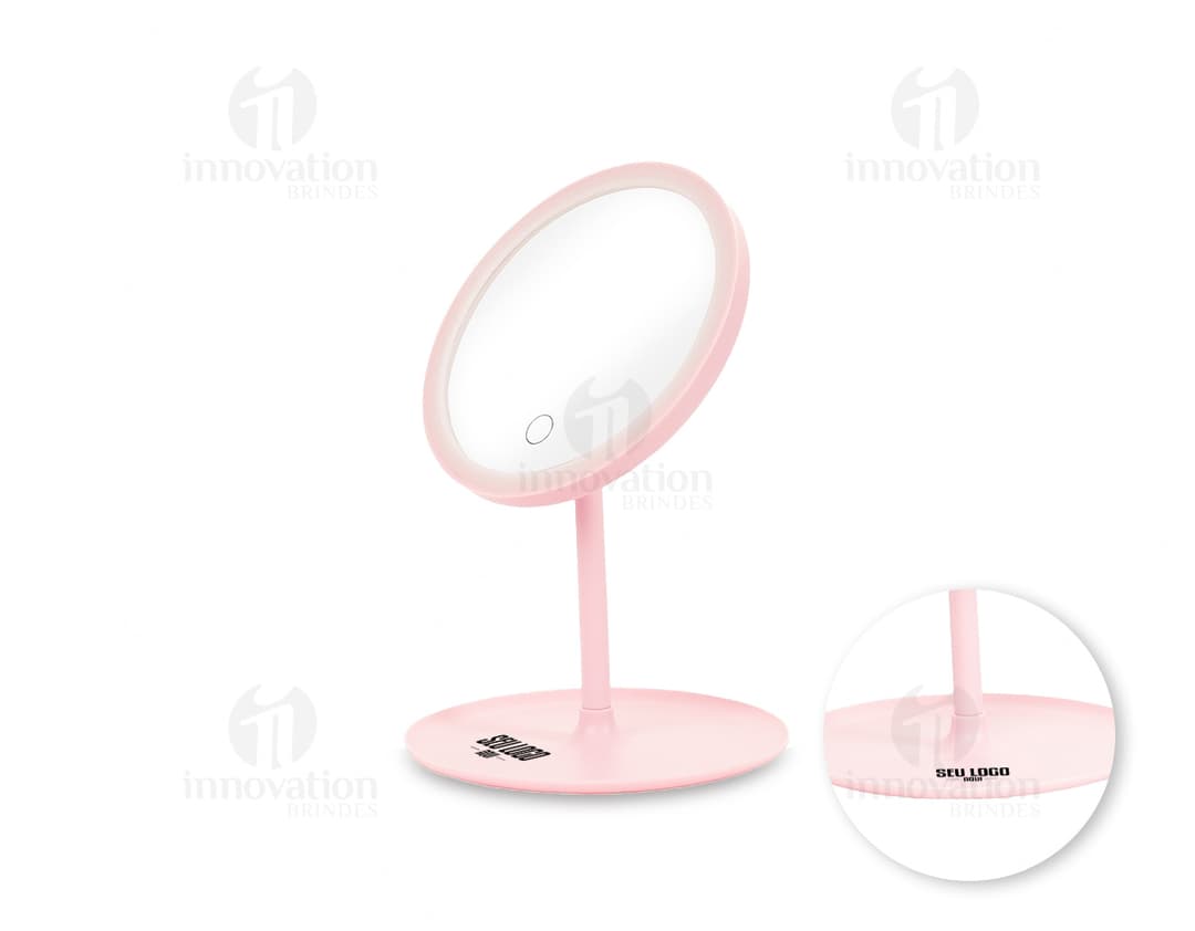 Espelho de mesa plástico com LED em design moderno e elegante, com reflexão brilhante e cores vibrantes. Ideal para uso em casa ou em ambiente de trabalho, com botões de controle de luz e estilo clean.