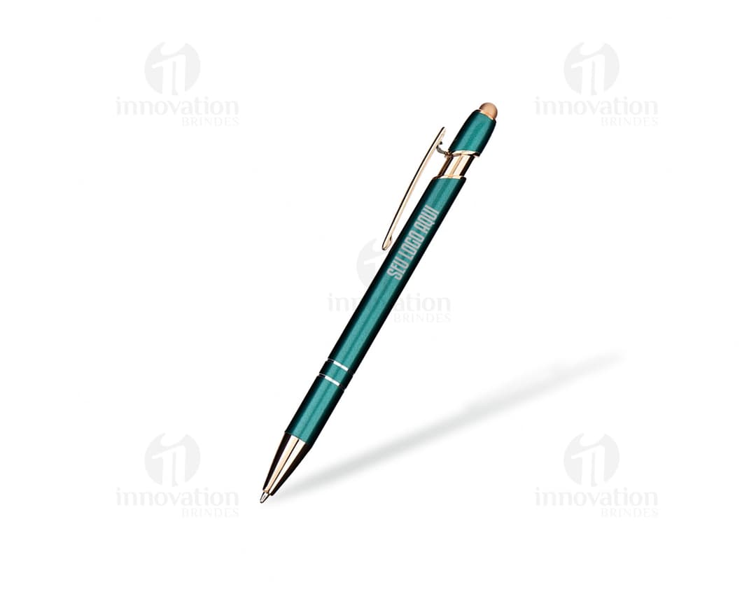 Caneta de metal touch colorida em tons de rosa, laranja e amarelo, feita para escrita e desenho, com ponta fina e afiada.