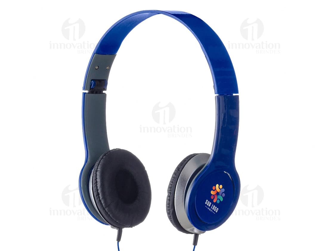 Fone de Ouvido Portátil preto com design dobrável e almofadas acolchoadas.