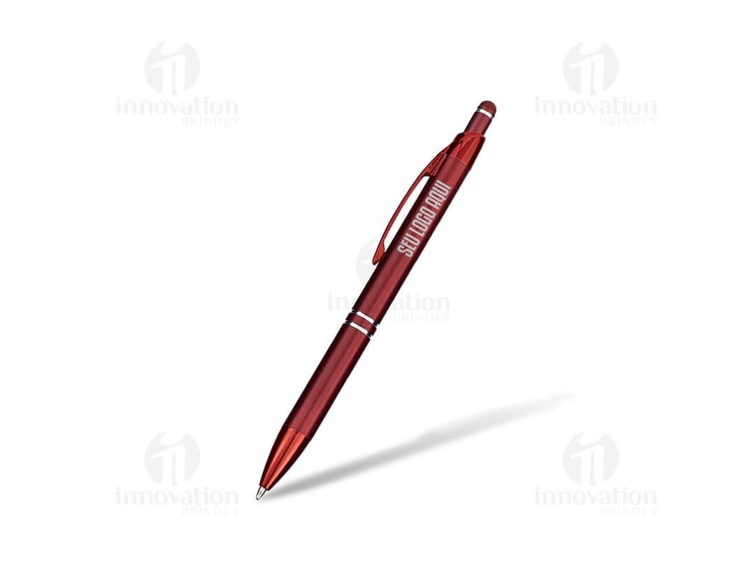 Caneta metal touch colorida em tons de rosa, laranja, preto e amarelo, com ponta para escrita e indicador de luz. Ideal para uso no escritório, escola ou ambiente educacional.