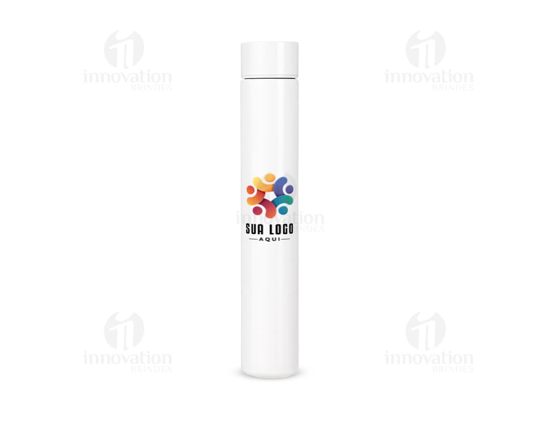 Garrafa de aço inoxidável de 250ml com design moderno e metálico. Equipamento de higiene com dispenser de sabonete líquido, ideal para armazenar e dispensar produtos de cuidado pessoal. Refletindo a tecnologia digital, o recipiente possui um botão cromado e símbolos gráficos em sua superfície.
