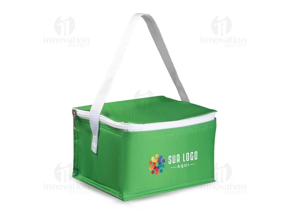 Bolsa térmica em poliéster 600D amarelo com alça de metal e laço de fita, design moderno e resistente. Ideal para transporte de alimentos e bebidas em compras, viagens ou presentes.