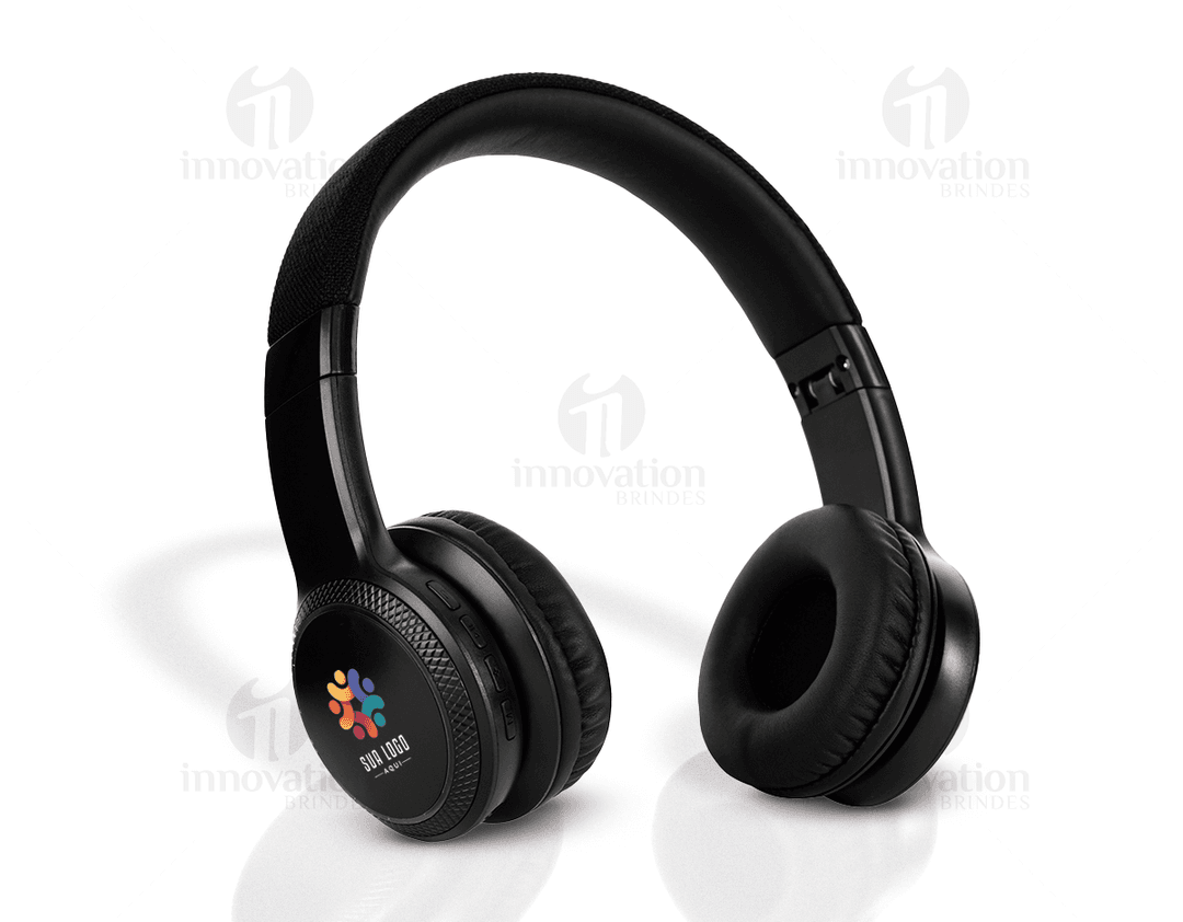 Fone de ouvido Bluetooth preto de metal, tecnologia moderna, sem fio, design elegante, ideal para ouvir música com alta qualidade de som.