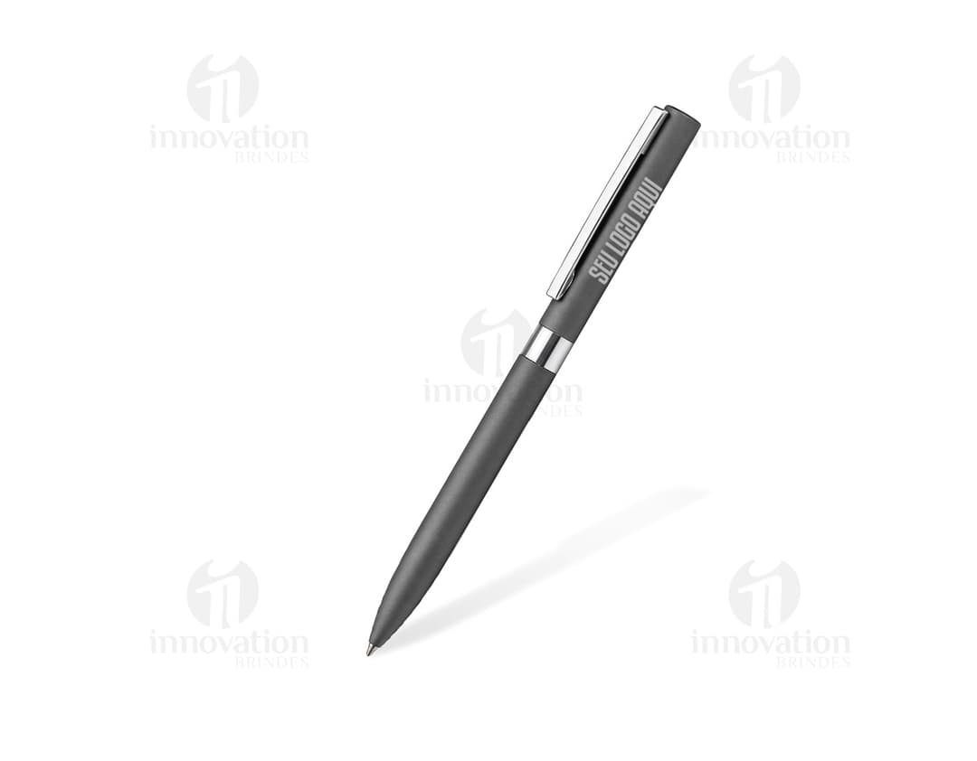 Caneta Metálica de cor preta e prata, feita de metal, com ponta afiada e design elegante. Ideal para uso em escritório, escola ou trabalho, para escrever, assinar documentos e fazer desenhos detalhados.