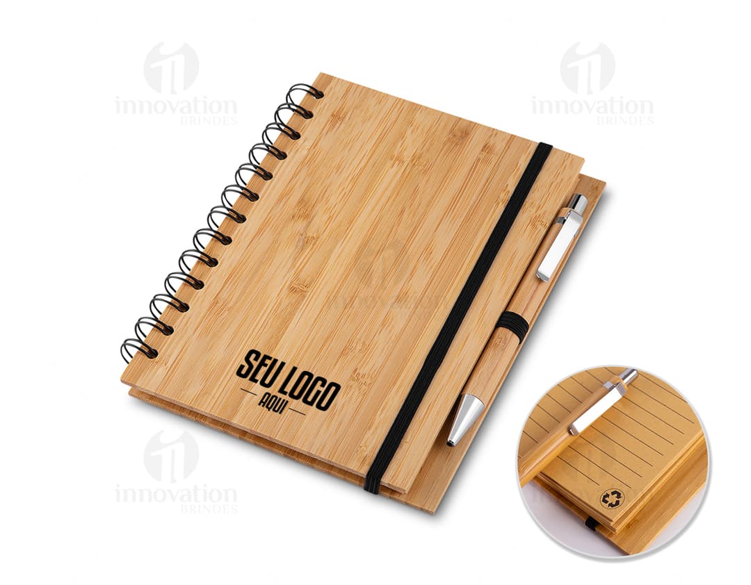 Bloco de anotações de madeira com caneta, perfeito para estudos e negócios. Ideal para manter suas ideias organizadas. Adquira já o seu!