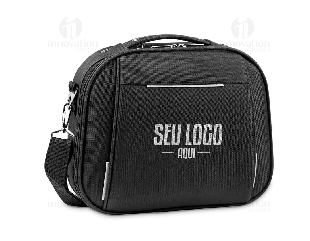 Mala de cosméticos de couro preto com alça e zíper, design moderno e elegante, ideal para viagens e transporte de acessórios pessoais.